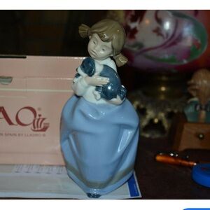 Lladro Nao Girl with Puppy Figurine in Blue and White